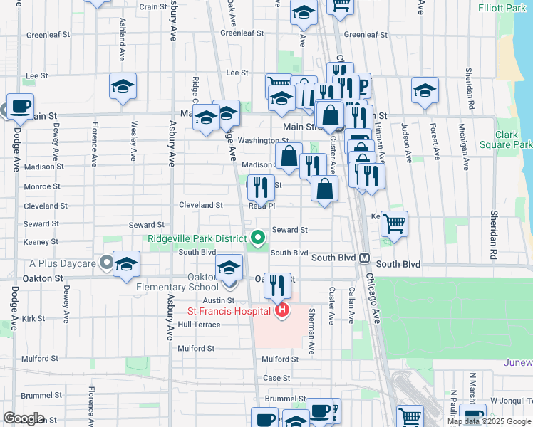 map of restaurants, bars, coffee shops, grocery stores, and more near in Evanston