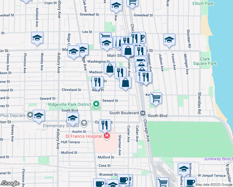 map of restaurants, bars, coffee shops, grocery stores, and more near 734 Reba Place in Evanston