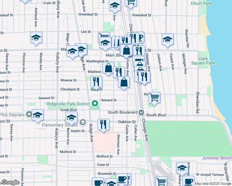 map of restaurants, bars, coffee shops, grocery stores, and more near in Evanston