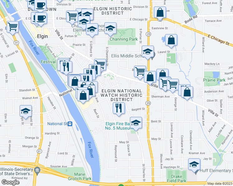 map of restaurants, bars, coffee shops, grocery stores, and more near 372 Saint Charles Street in Elgin