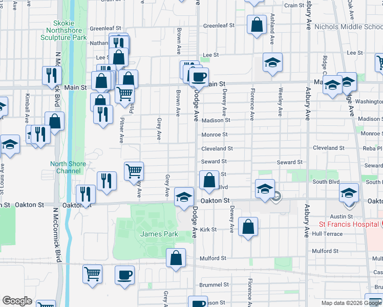 map of restaurants, bars, coffee shops, grocery stores, and more near 1924 Cleveland Street in Evanston