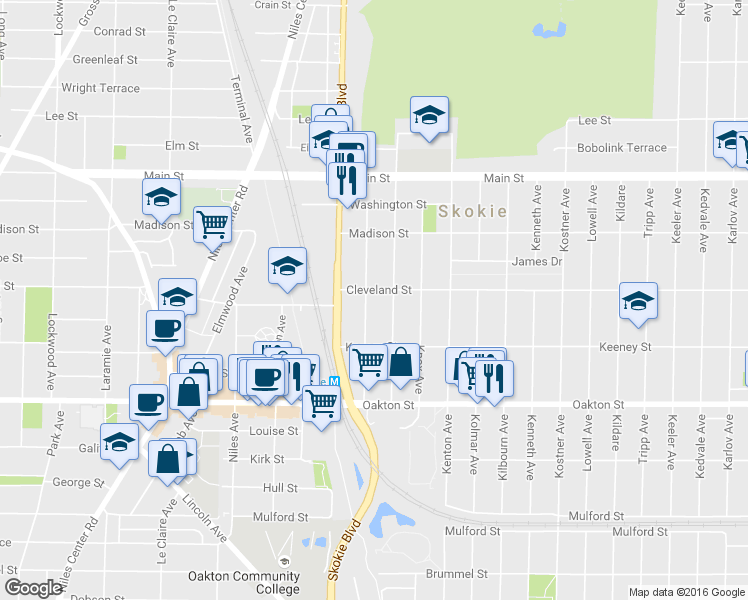 map of restaurants, bars, coffee shops, grocery stores, and more near 8151 Keating Avenue in Skokie