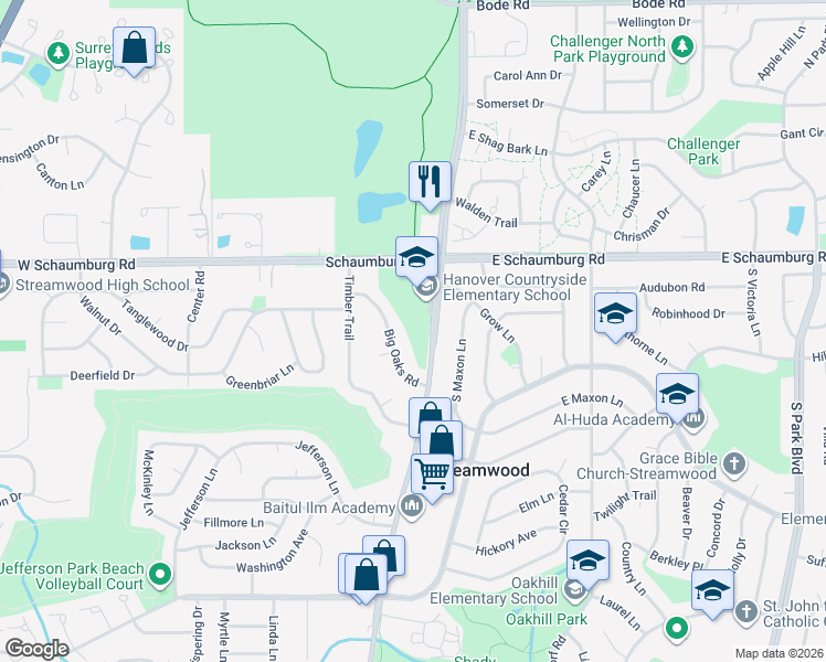 map of restaurants, bars, coffee shops, grocery stores, and more near 19 West Schaumburg Road in Streamwood