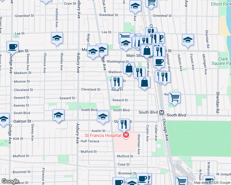 map of restaurants, bars, coffee shops, grocery stores, and more near 631 Ridge Avenue in Evanston