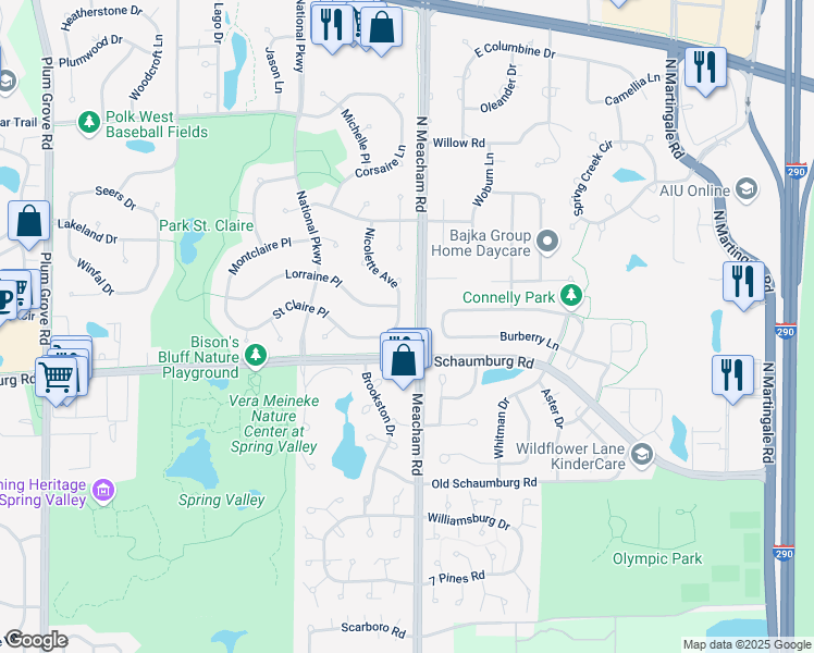 map of restaurants, bars, coffee shops, grocery stores, and more near 1476 Sandburg Drive in Schaumburg