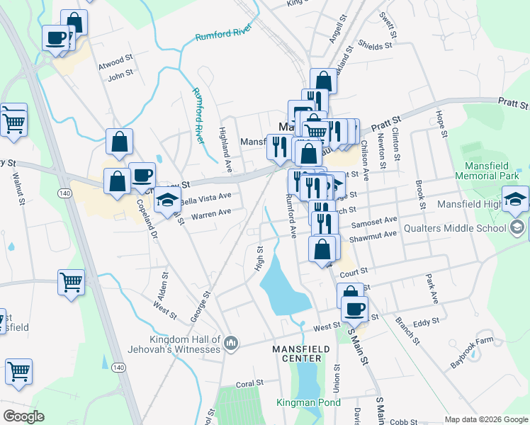 map of restaurants, bars, coffee shops, grocery stores, and more near 20 Winthrop Avenue in Mansfield
