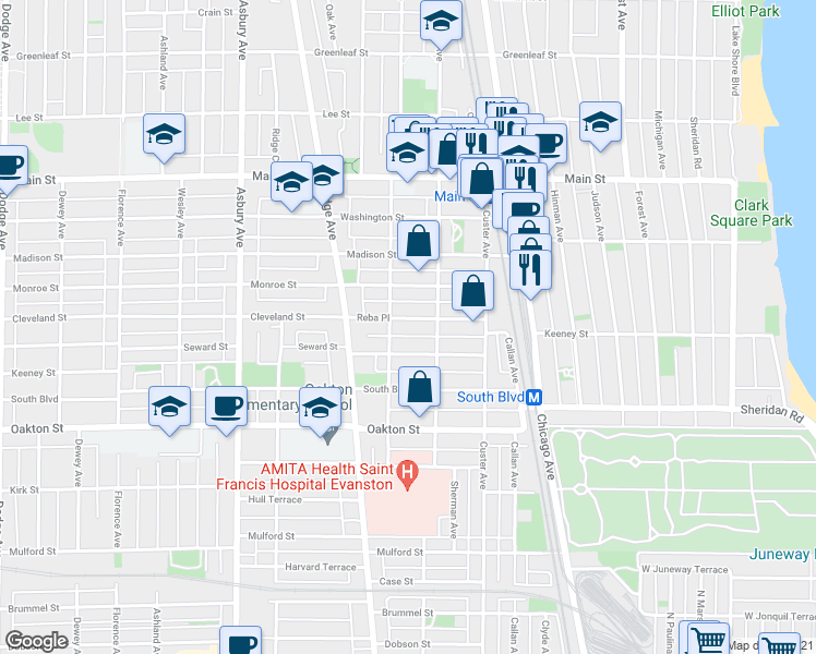 map of restaurants, bars, coffee shops, grocery stores, and more near 833 Reba Place in Evanston