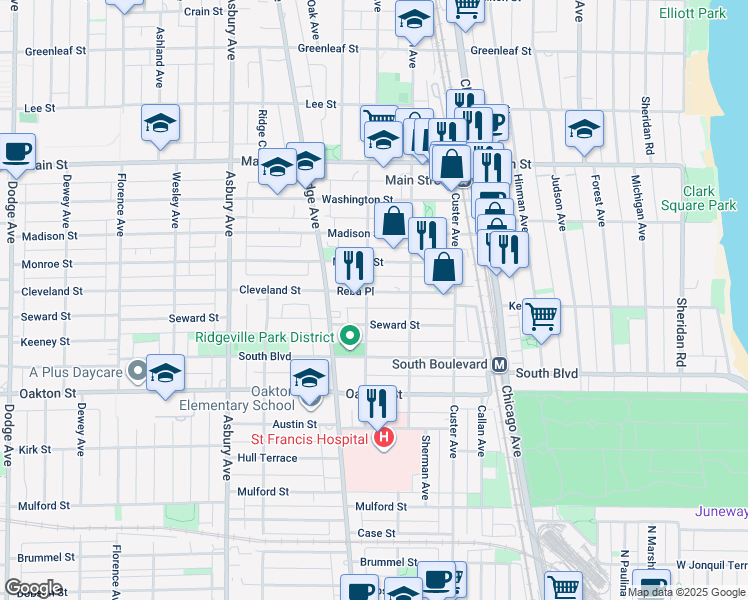 map of restaurants, bars, coffee shops, grocery stores, and more near 833 Reba Place in Evanston