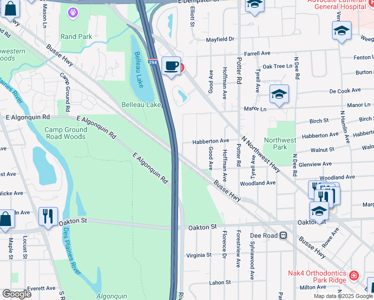 map of restaurants, bars, coffee shops, grocery stores, and more near 1244 Elliott Street in Park Ridge
