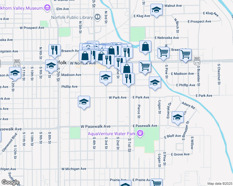 map of restaurants, bars, coffee shops, grocery stores, and more near 301-349 South 2nd Street in Norfolk
