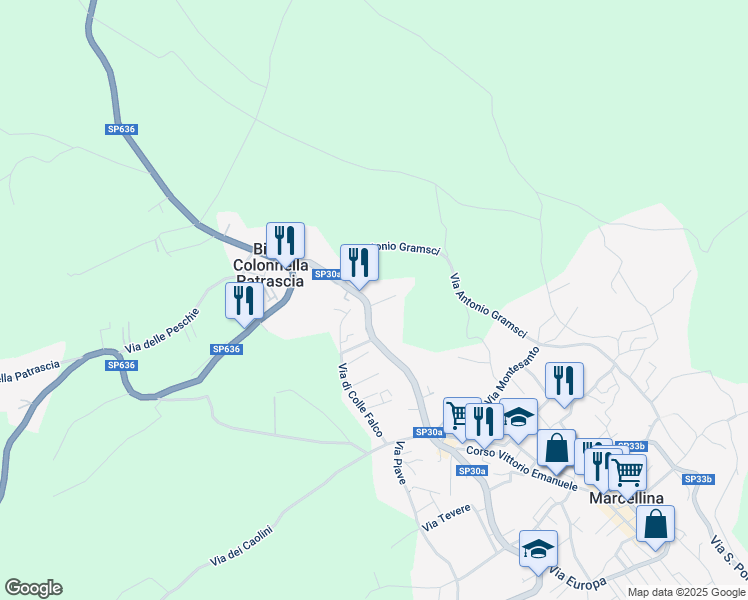 map of restaurants, bars, coffee shops, grocery stores, and more near 15 Via Roma in Marcellina