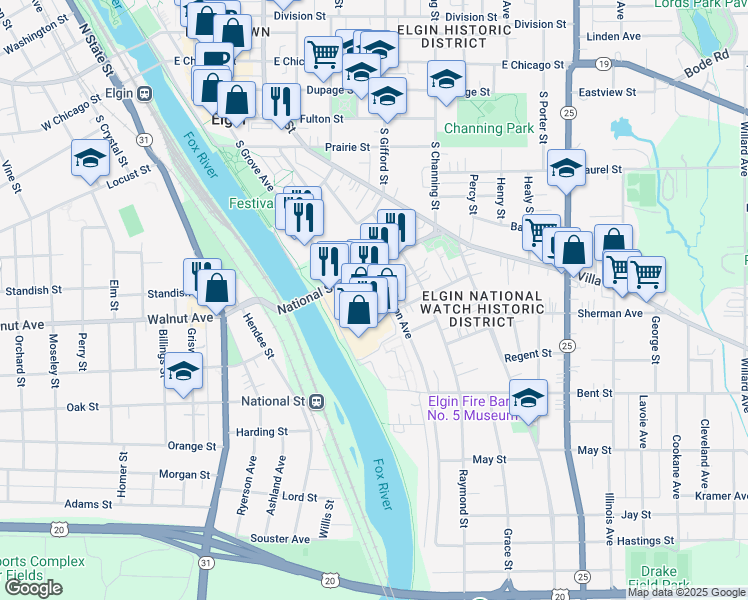 map of restaurants, bars, coffee shops, grocery stores, and more near Clock Tower Plaza in Elgin