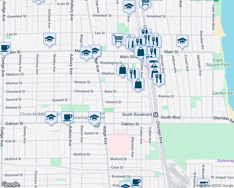 map of restaurants, bars, coffee shops, grocery stores, and more near 833 Reba Place in Evanston
