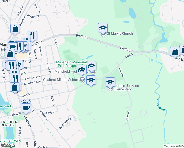 map of restaurants, bars, coffee shops, grocery stores, and more near 250 East Street in Mansfield