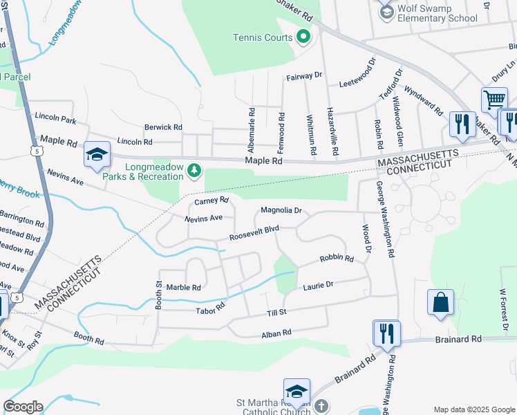 map of restaurants, bars, coffee shops, grocery stores, and more near 26 Magnolia Drive in Enfield