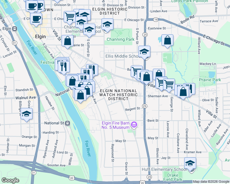 map of restaurants, bars, coffee shops, grocery stores, and more near 372 Saint Charles Street in Elgin
