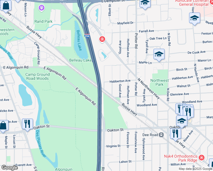 map of restaurants, bars, coffee shops, grocery stores, and more near 1244 Elliott Street in Park Ridge