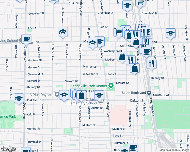 map of restaurants, bars, coffee shops, grocery stores, and more near 1035 Cleveland Street in Evanston