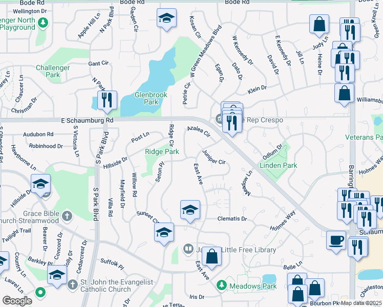 map of restaurants, bars, coffee shops, grocery stores, and more near 5 Juniper Court in Streamwood