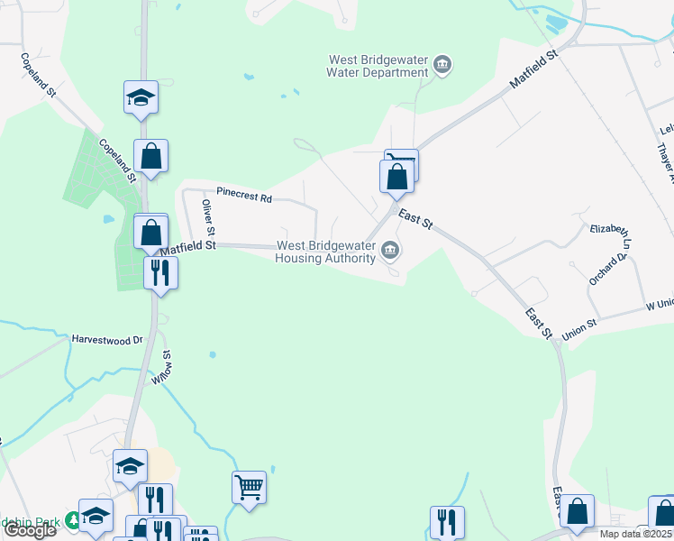 map of restaurants, bars, coffee shops, grocery stores, and more near 161 Matfield Street in West Bridgewater