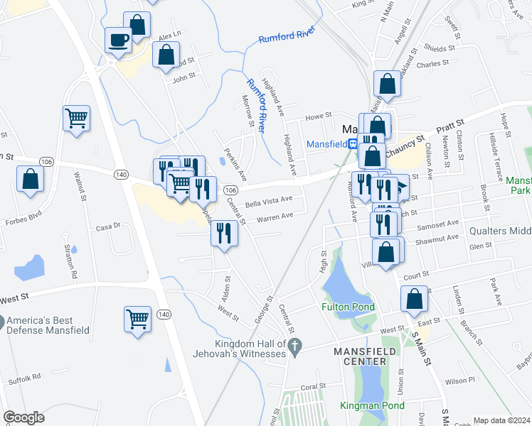 map of restaurants, bars, coffee shops, grocery stores, and more near 28 Bella Vista Avenue in Mansfield