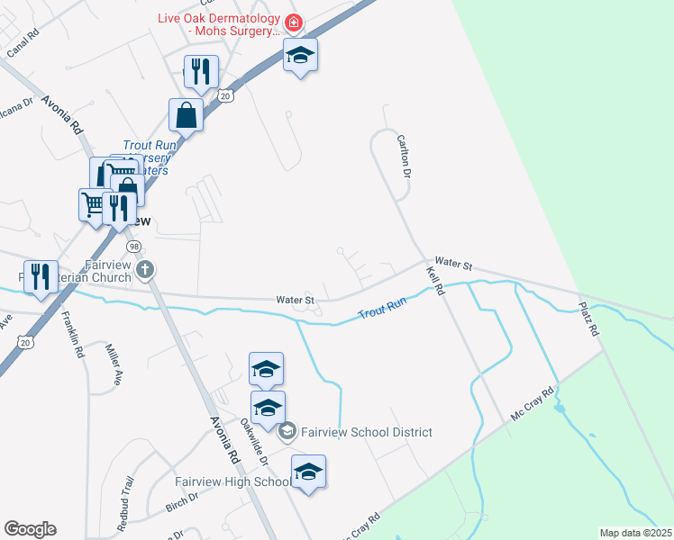 map of restaurants, bars, coffee shops, grocery stores, and more near 7374 Water St in Fairview