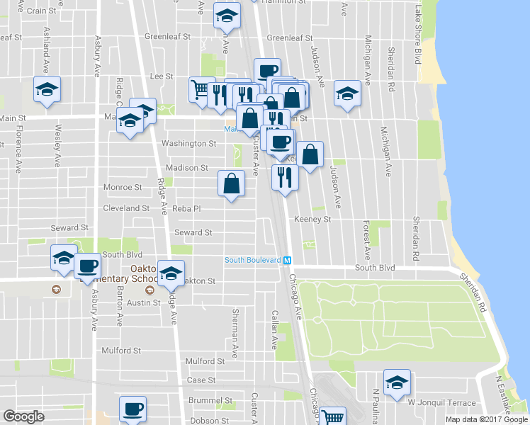 map of restaurants, bars, coffee shops, grocery stores, and more near 601 Linden Place in Evanston