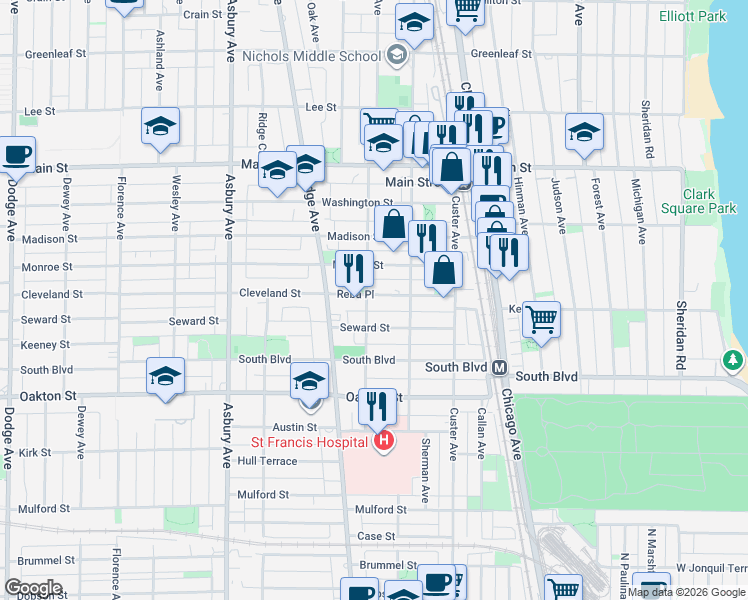 map of restaurants, bars, coffee shops, grocery stores, and more near in Evanston