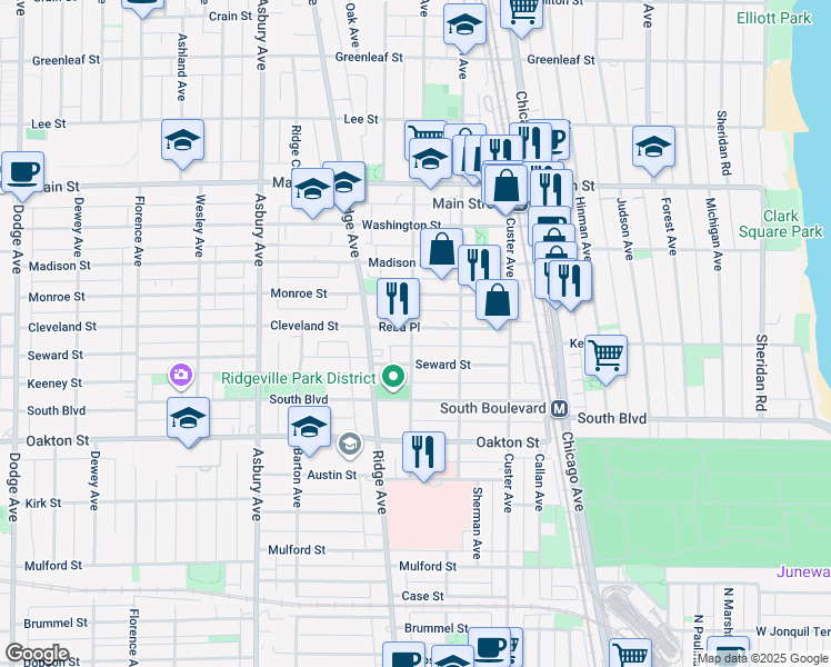 map of restaurants, bars, coffee shops, grocery stores, and more near 833 Reba Place in Evanston