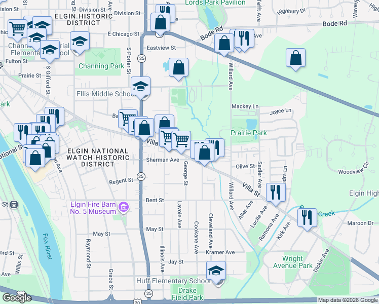 map of restaurants, bars, coffee shops, grocery stores, and more near 684 Villa Street in Elgin