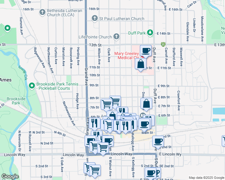 map of restaurants, bars, coffee shops, grocery stores, and more near 416 9th Street in Ames