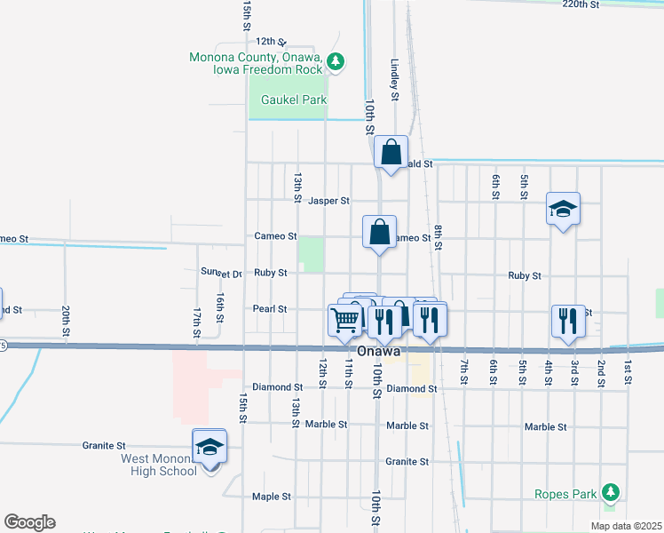 map of restaurants, bars, coffee shops, grocery stores, and more near 712 11th Street in Onawa