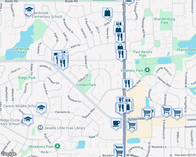 map of restaurants, bars, coffee shops, grocery stores, and more near 274 Sierra Pass Drive in Schaumburg
