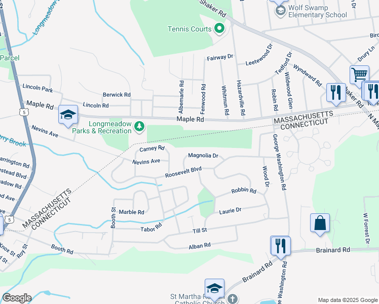 map of restaurants, bars, coffee shops, grocery stores, and more near 24 Magnolia Drive in Enfield
