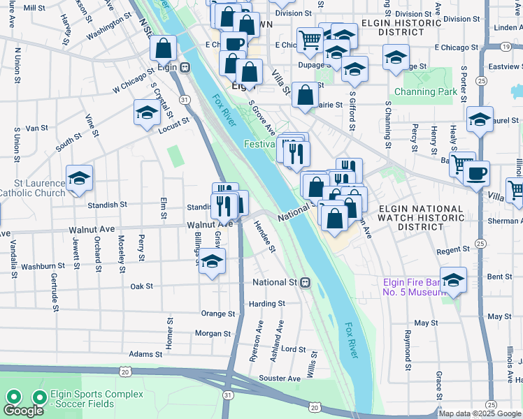 map of restaurants, bars, coffee shops, grocery stores, and more near 44 National Street in Elgin