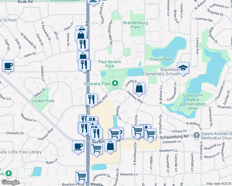 map of restaurants, bars, coffee shops, grocery stores, and more near 198 Camden Court in Schaumburg