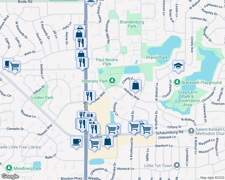 map of restaurants, bars, coffee shops, grocery stores, and more near 198 Camden Court in Schaumburg