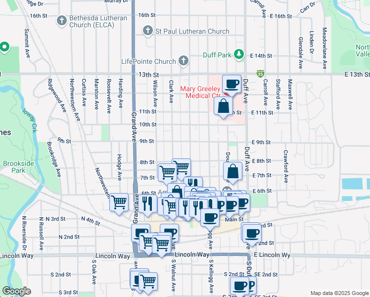 map of restaurants, bars, coffee shops, grocery stores, and more near 823 Burnett Avenue in Ames