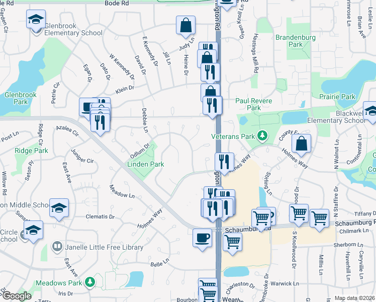 map of restaurants, bars, coffee shops, grocery stores, and more near 2747 Odlum Drive in Schaumburg