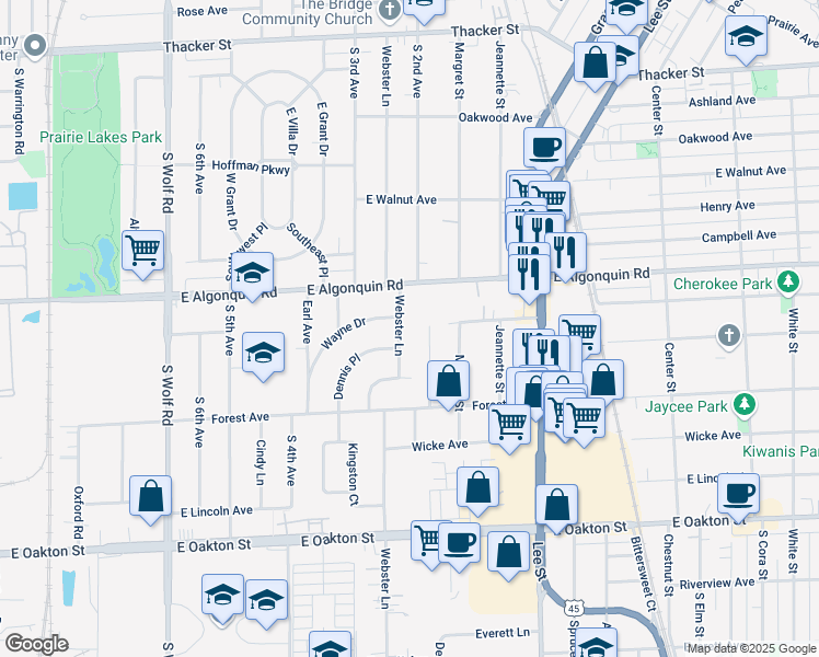 map of restaurants, bars, coffee shops, grocery stores, and more near 1210 Wayne Drive in Des Plaines