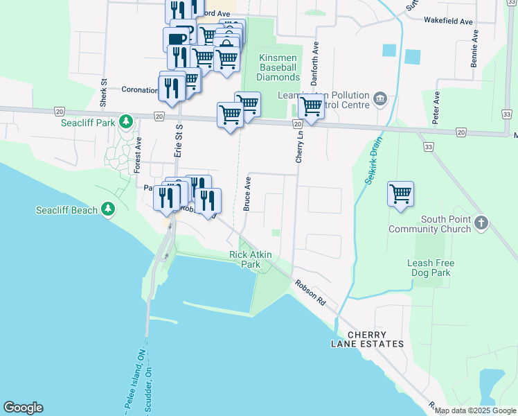 map of restaurants, bars, coffee shops, grocery stores, and more near 15 Marlene Crescent in Leamington
