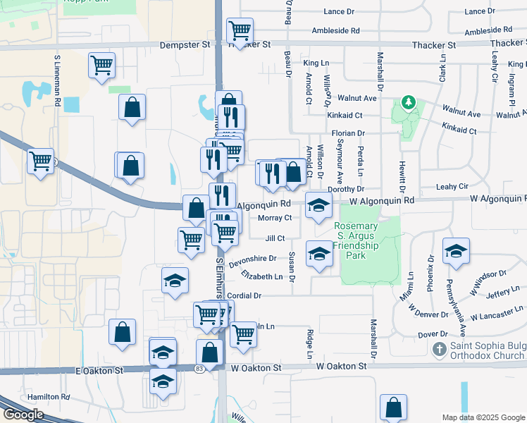 map of restaurants, bars, coffee shops, grocery stores, and more near 640 Morray Court in Des Plaines