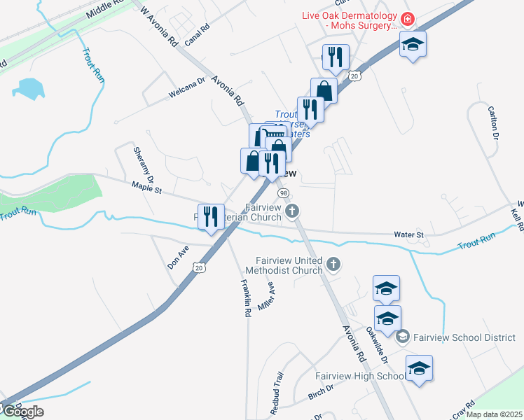 map of restaurants, bars, coffee shops, grocery stores, and more near 7555 West Ridge Road in Fairview