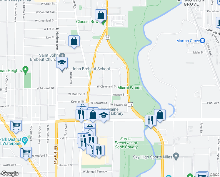 map of restaurants, bars, coffee shops, grocery stores, and more near 6901 Cleveland Street in Niles