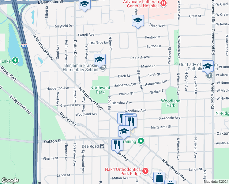 map of restaurants, bars, coffee shops, grocery stores, and more near 1239 North Dee Road in Park Ridge