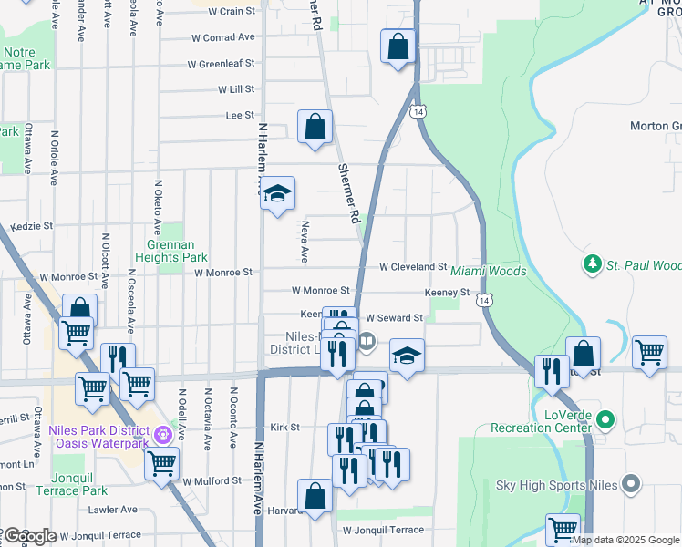 map of restaurants, bars, coffee shops, grocery stores, and more near 7029 West Cleveland Street in Niles