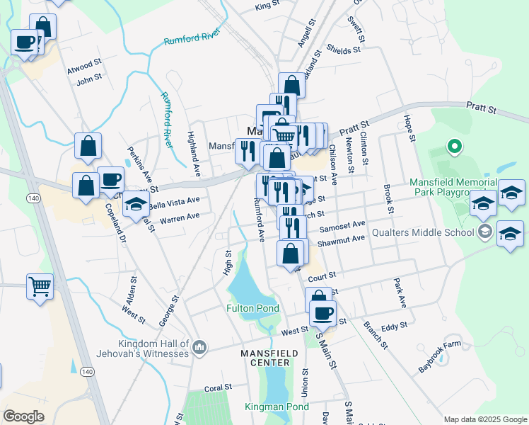 map of restaurants, bars, coffee shops, grocery stores, and more near 150 Rumford Avenue in Mansfield