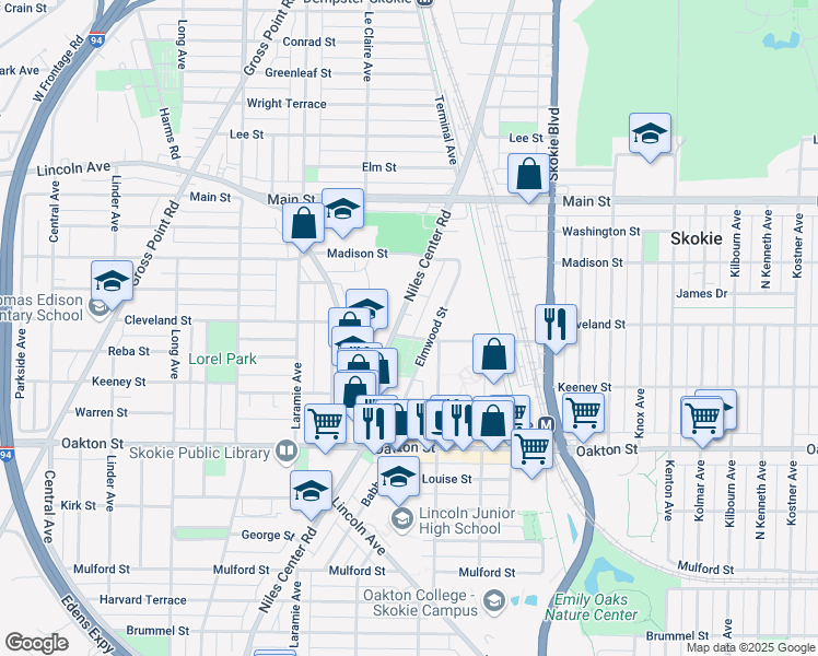 map of restaurants, bars, coffee shops, grocery stores, and more near 8203 Niles Center Road in Skokie