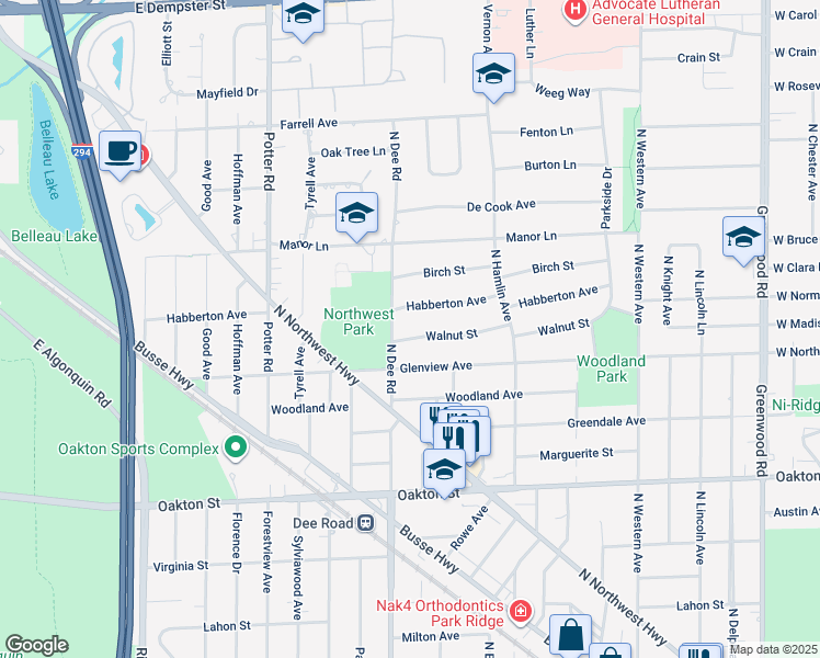 map of restaurants, bars, coffee shops, grocery stores, and more near 1239 North Dee Road in Park Ridge