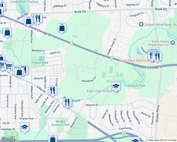 map of restaurants, bars, coffee shops, grocery stores, and more near 350 Woodview Circle in Elgin